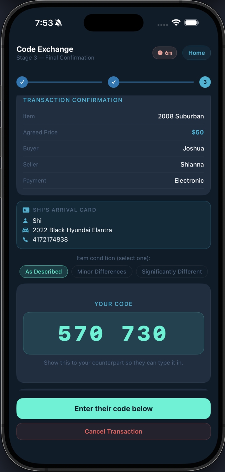 Code exchange screen