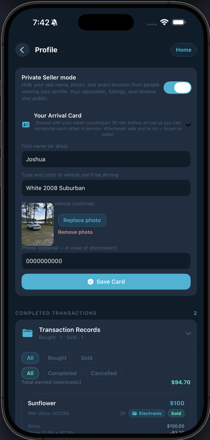 Private seller mode screen